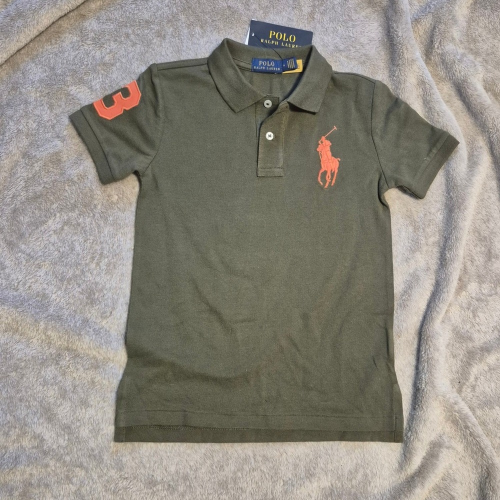Polo Ralph Lauren Boys Big Pony Polo Shirt Olive Green Orange Size 6 NWT